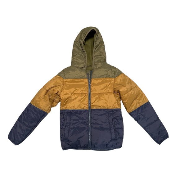 Falls Creek Boy’s 5 Puffer Jacket Coat Color Block Hood Blue Green Gold NWT - Picture 3 of 8